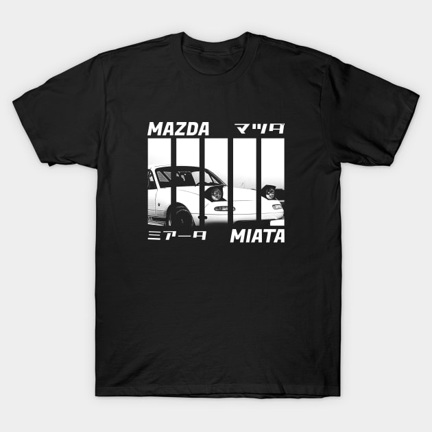 Mazda Miata MX-5 NA Black 'N White 3 (BLACK VERSION) T-Shirt by Cero